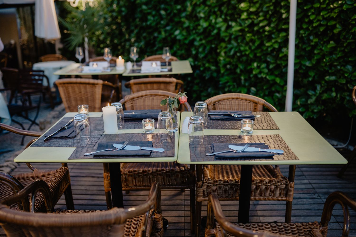 Tables laid for dinner outside, against a green hedge.