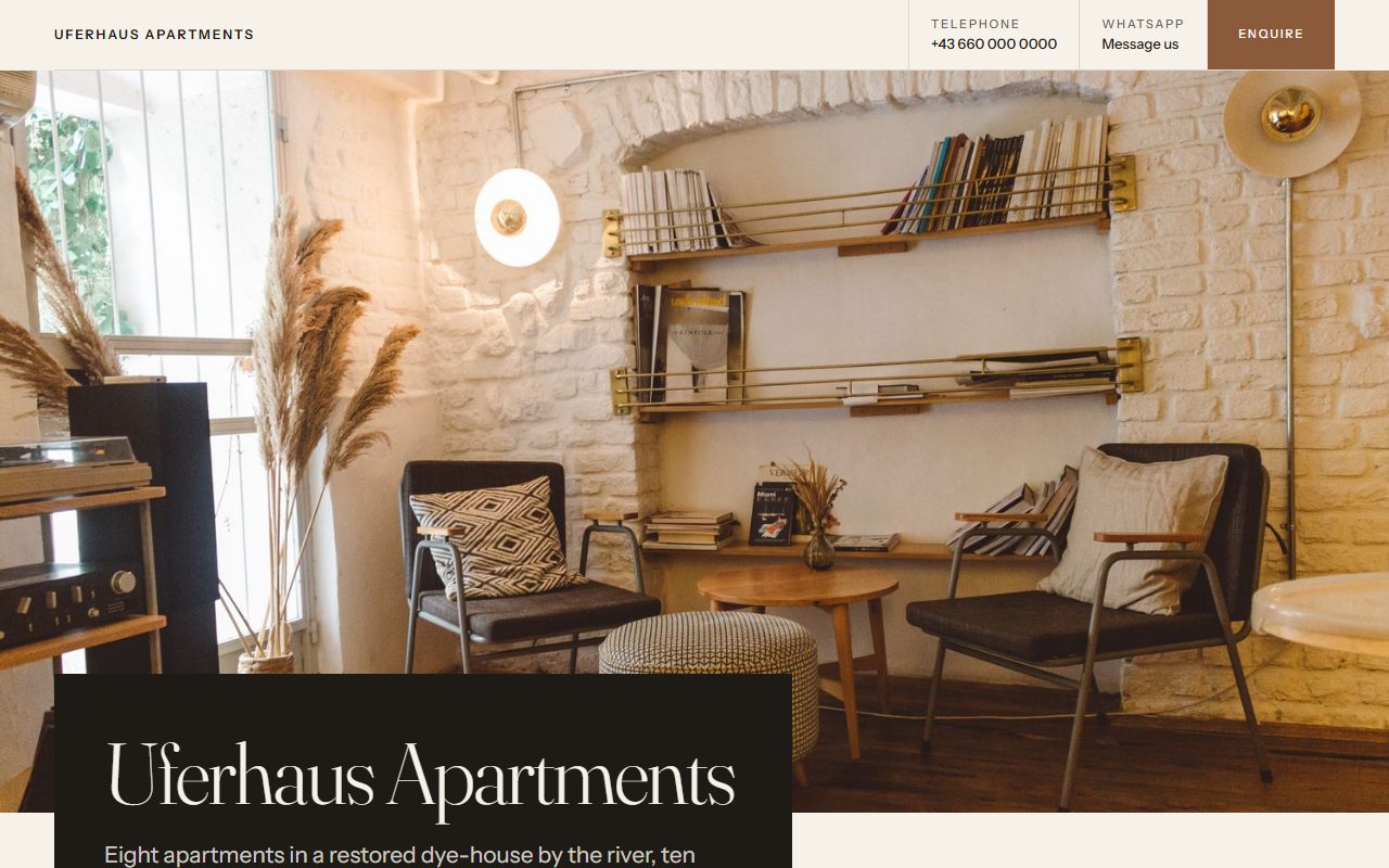 The first screen of the Harbour example site: a photograph of a sitting room under the name Uferhaus Apartments